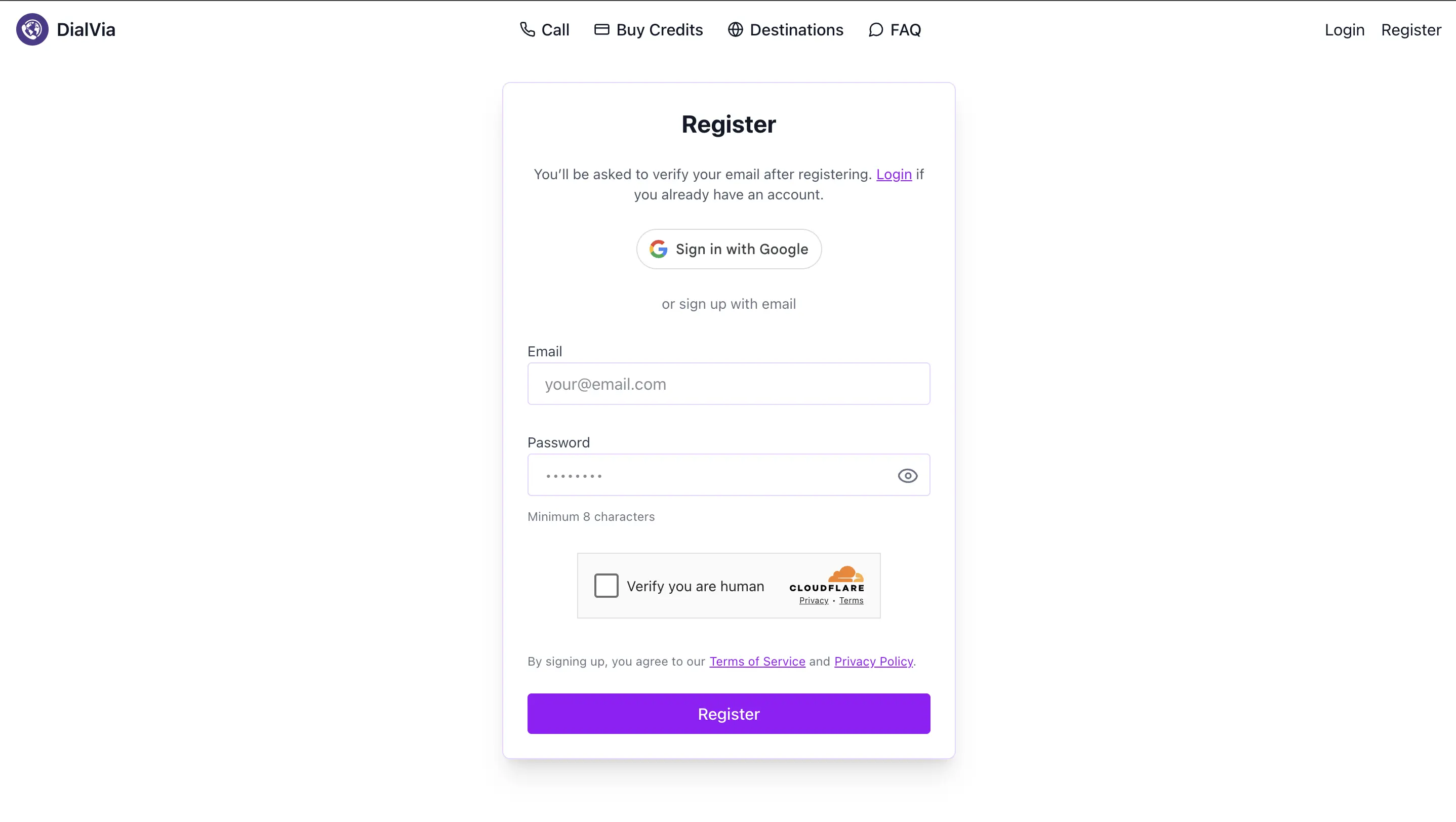 Register page with Google and email options