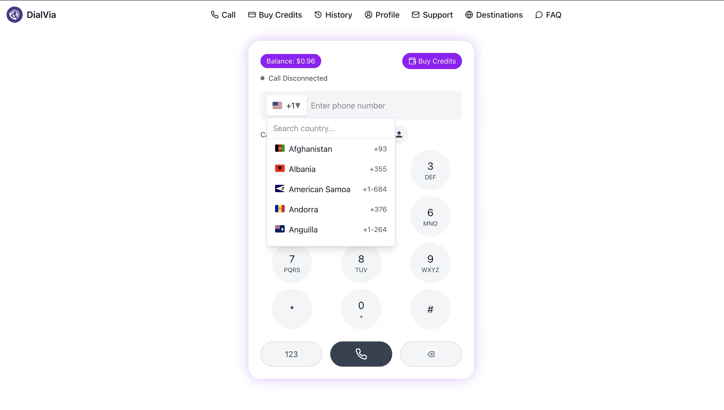 Country code dropdown open